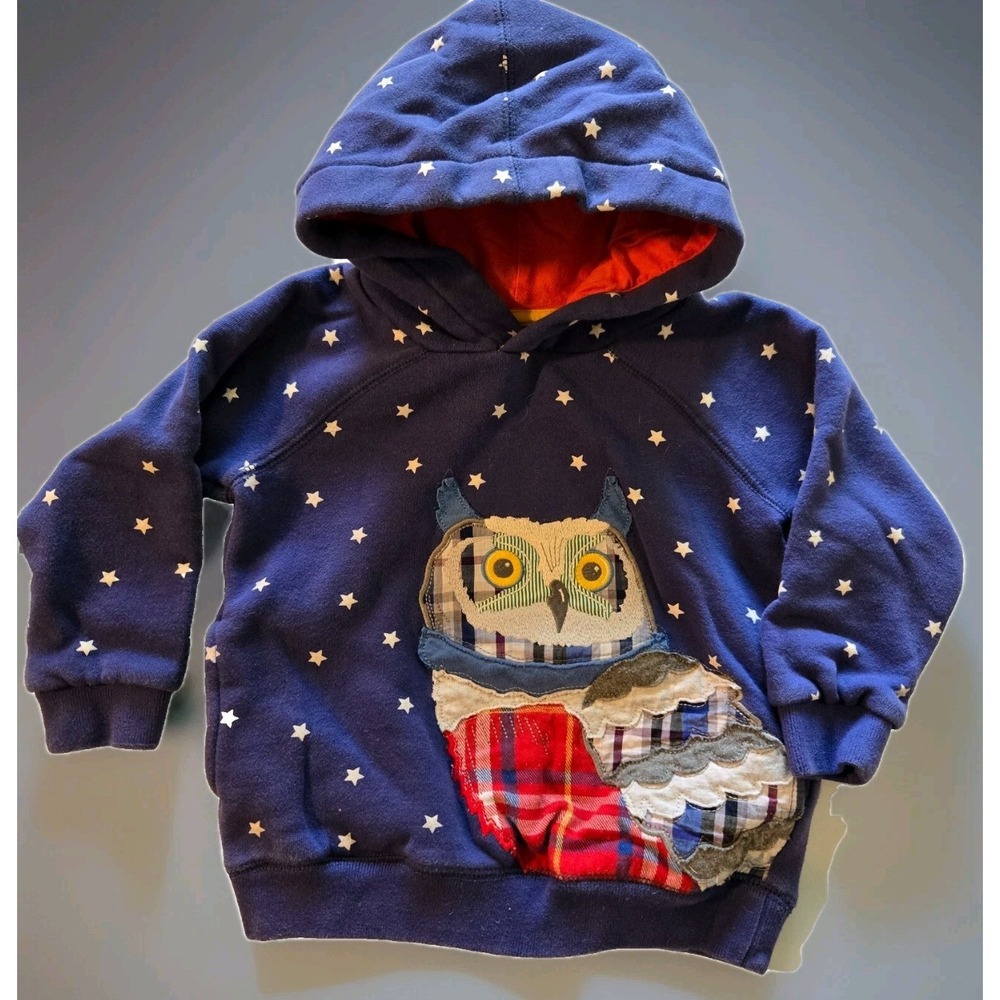 Mini Boden Owl Appliqué Hoodie 2–3Y Stars Print Pullover Sweatshirt Navy